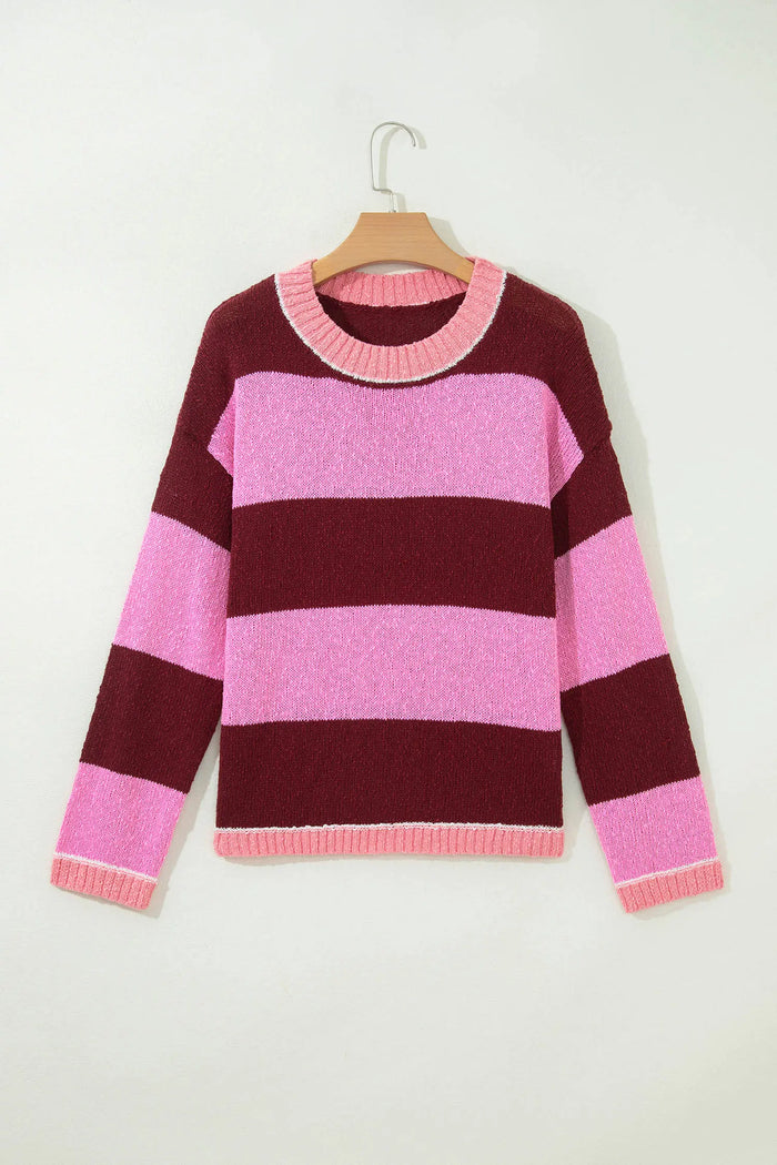 Striped Drop Shoulder Long Sleeve Pullover Regular Fit Knit Sweater – Pink Stripe