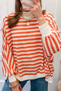 Striped Textured Stand Neck Oversized Long Sleeve Top – Orange Stripe