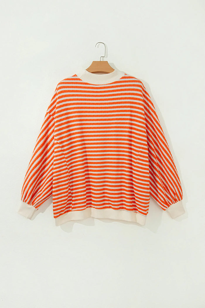 Striped Textured Stand Neck Oversized Long Sleeve Top – Orange Stripe
