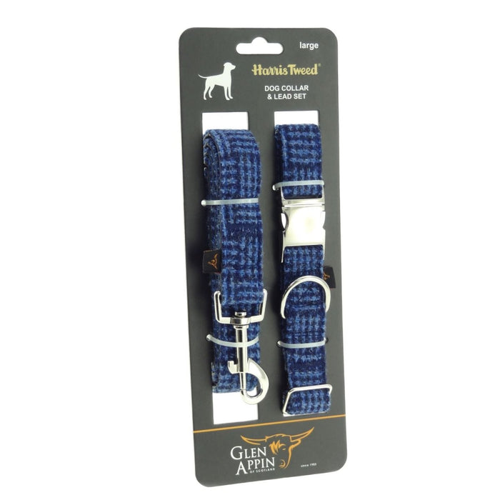 Stylish & Durable Luxury Harris Tweed Dog Collar & Lead Set in Blue Basket Weave (COL097) - Heritage Of Scotland - Large
