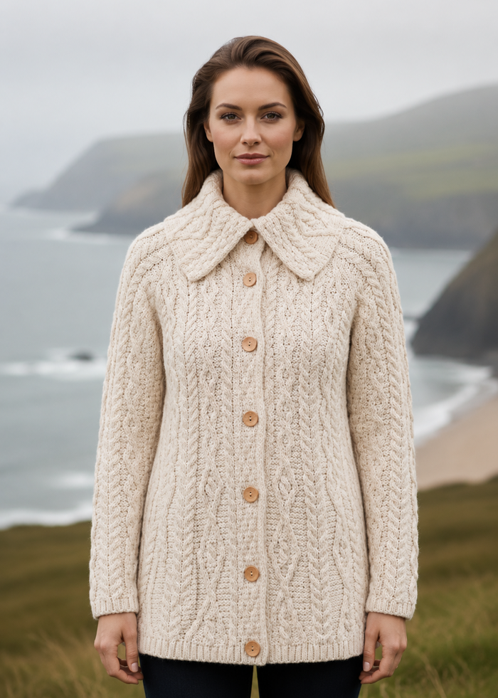 Super Soft 100% Merino Wool Aran Cardigan - Made in Ireland