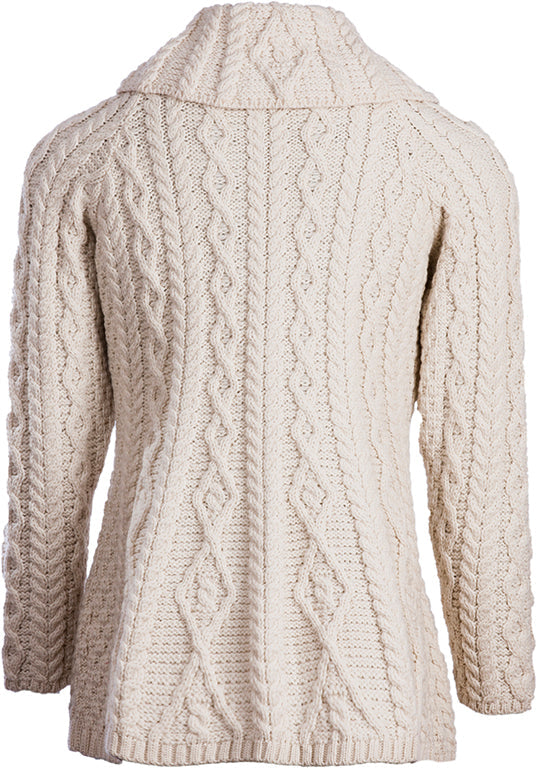 Beige cable knit cardigan on a white background