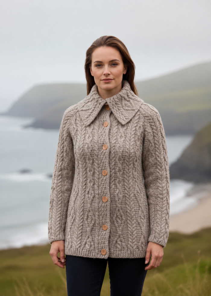 Super Soft 100% Merino Wool Aran Cardigan | Oat