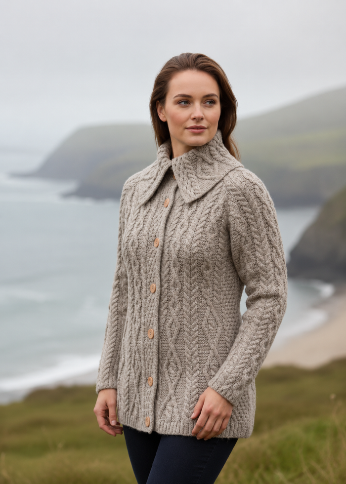 Super Soft 100% Merino Wool Aran Cardigan | Oat