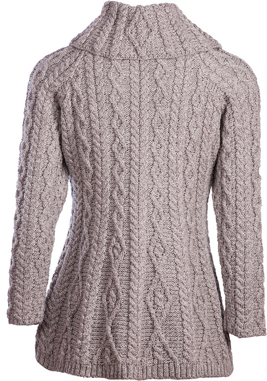 Gray cable knit sweater on a white background