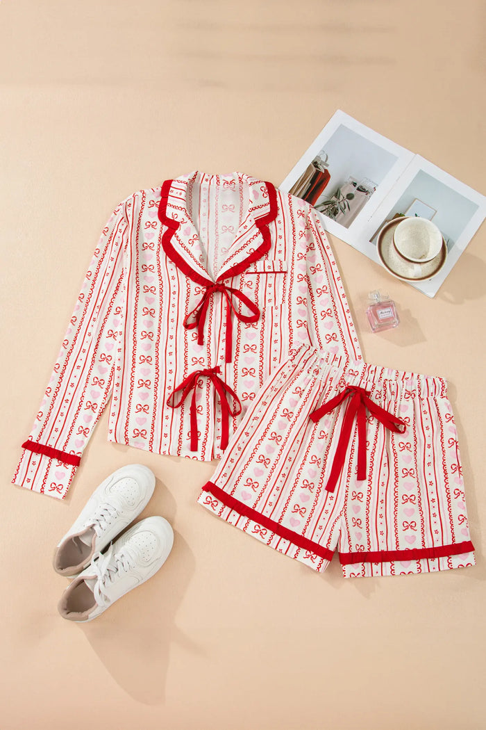 Sweet Floral Heart Bow Print Contrast Trim Long Sleeve Shirt Pajama Short Set – Red