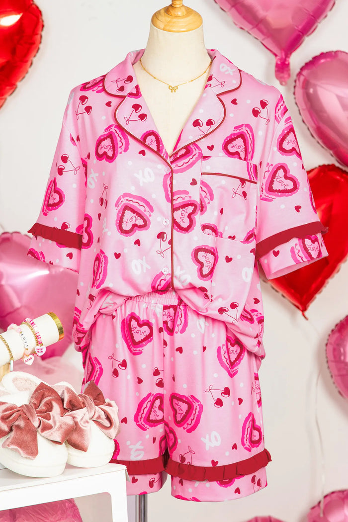 Sweet Heart Cake Print Contrast Ruffle Trim Valentines 2pcs Pajama Set – Pink