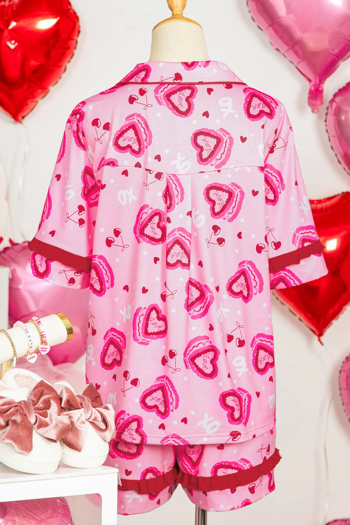 Sweet Heart Cake Print Contrast Ruffle Trim Valentines 2pcs Pajama Set – Pink