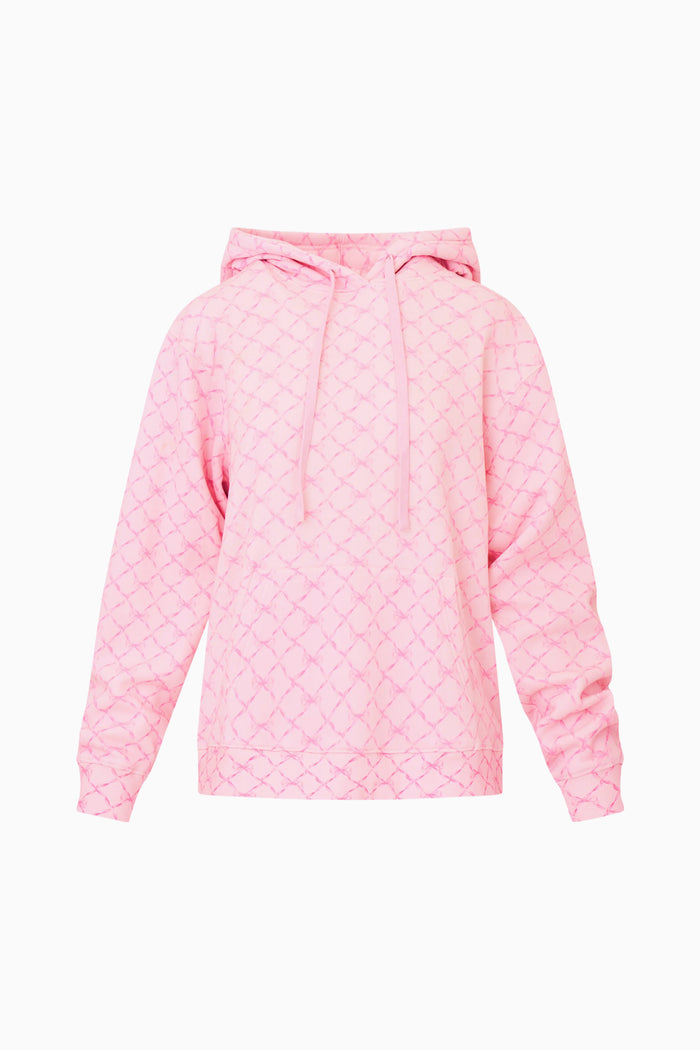 Pink bow patterened hoodie on a white background
