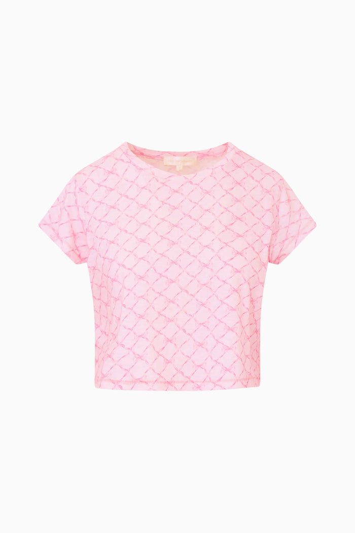 Pink bow print t-shirt on a white background