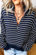 Textured Knit Half Zip Collared Long Sleeve Top – Blue Stripe