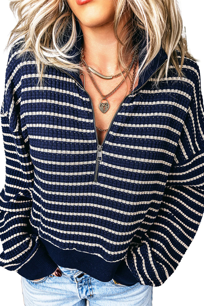 Textured Knit Half Zip Collared Long Sleeve Top – Blue Stripe