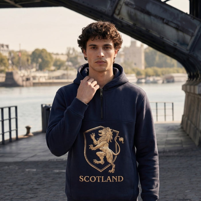 The Highland Heritage: Golden Lion Half - Zip Navy Hoodie - Heritage Of Scotland - NAVY / S