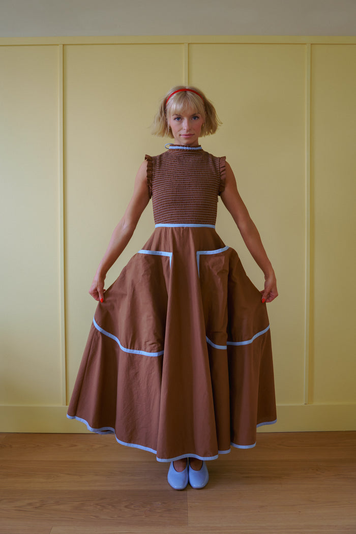 The Margot Dress in Saddle Brown & Sky Blue