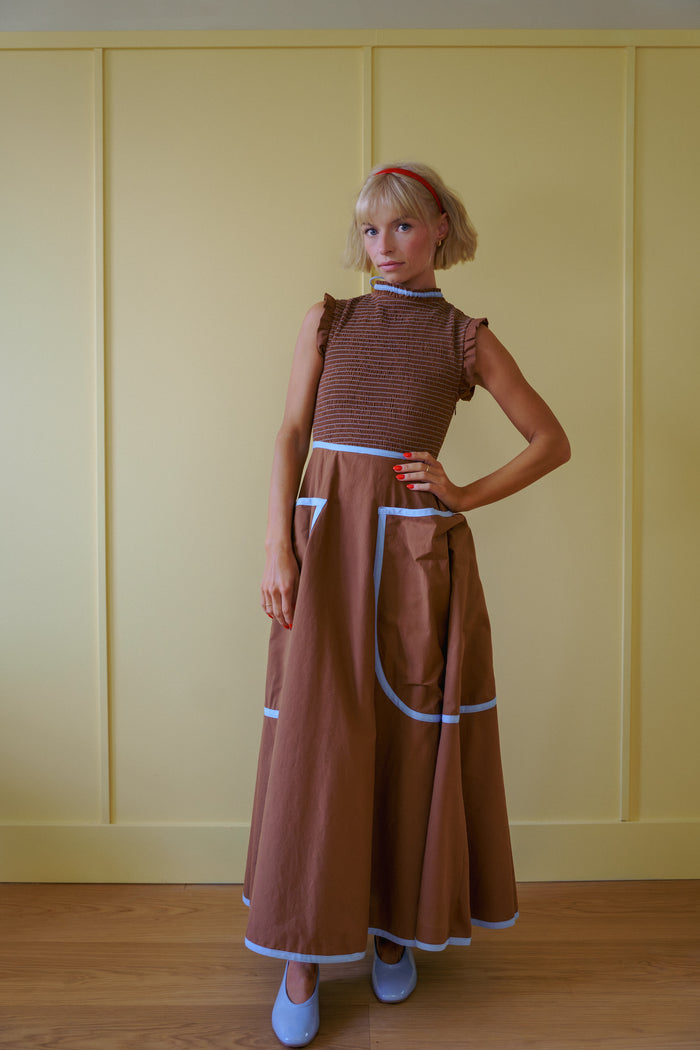 The Margot Dress in Saddle Brown & Sky Blue
