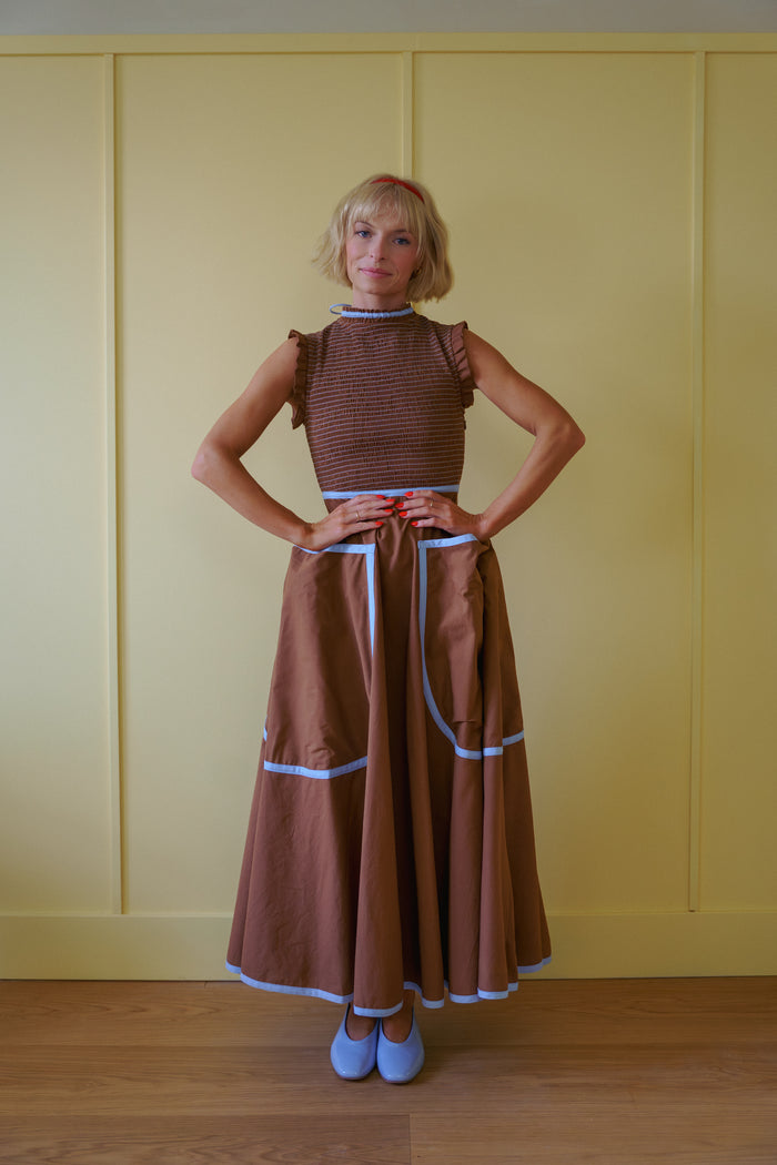 The Margot Dress in Saddle Brown & Sky Blue