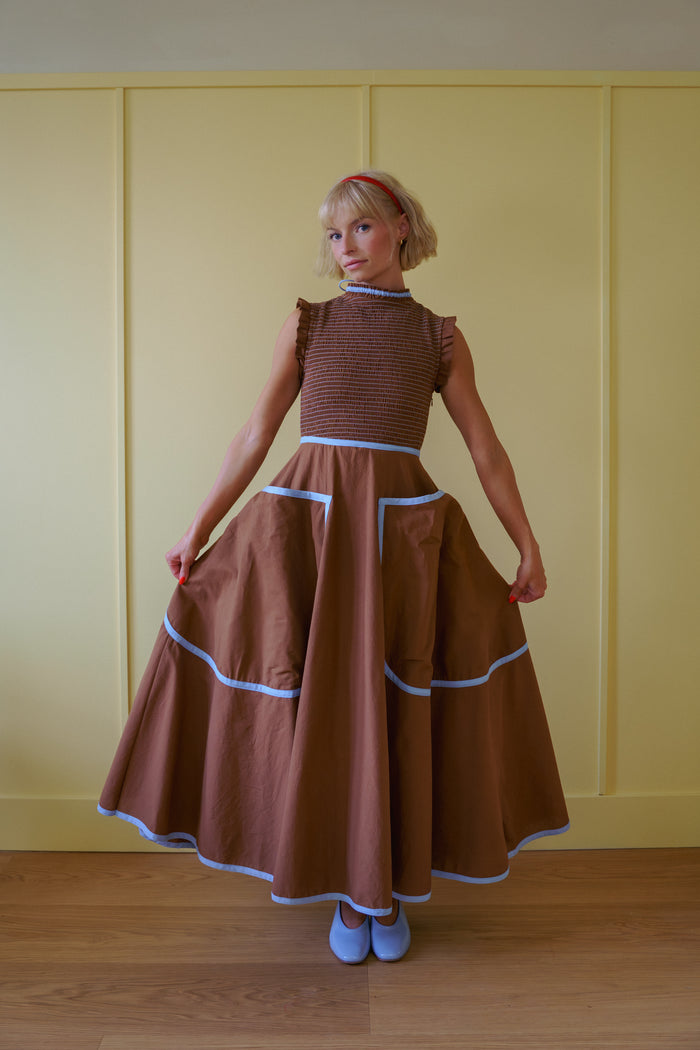 The Margot Dress in Saddle Brown & Sky Blue