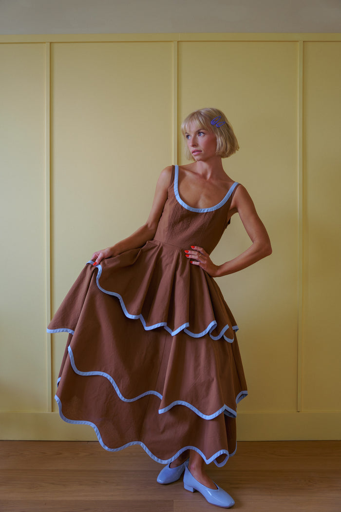 The Millie Dress in Saddle Brown and Sky Blue