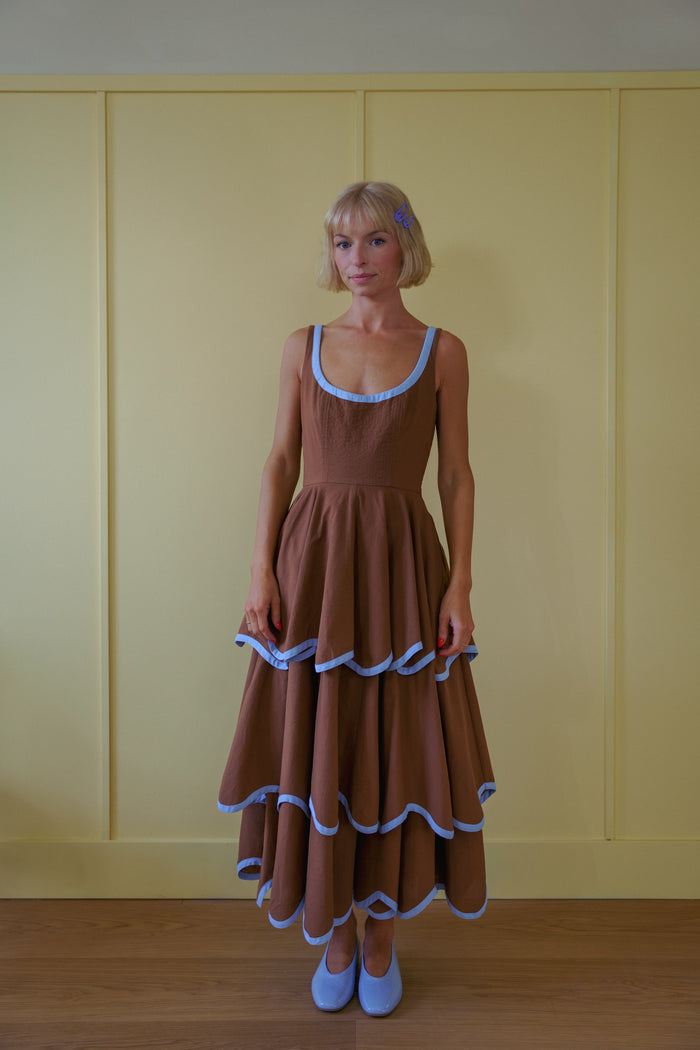 The Millie Dress in Saddle Brown and Sky Blue