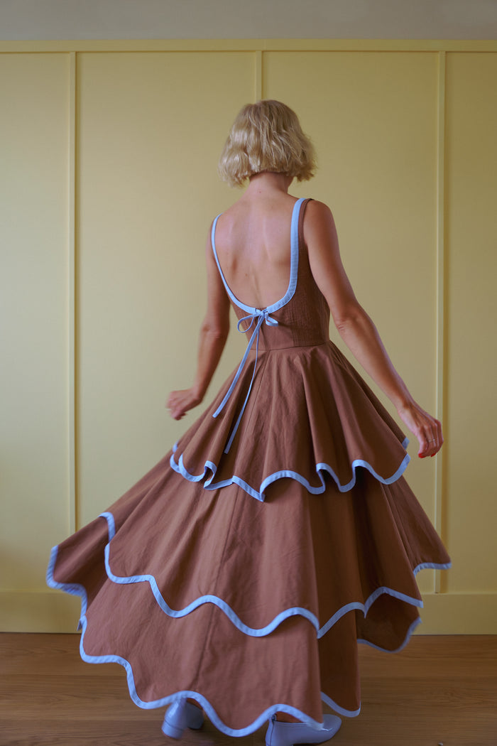 The Millie Dress in Saddle Brown and Sky Blue