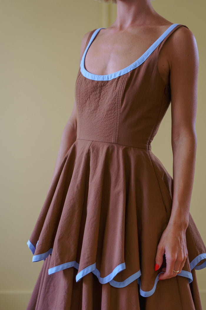 The Millie Dress in Saddle Brown and Sky Blue