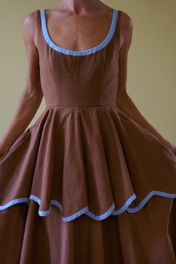 The Millie Dress in Saddle Brown and Sky Blue