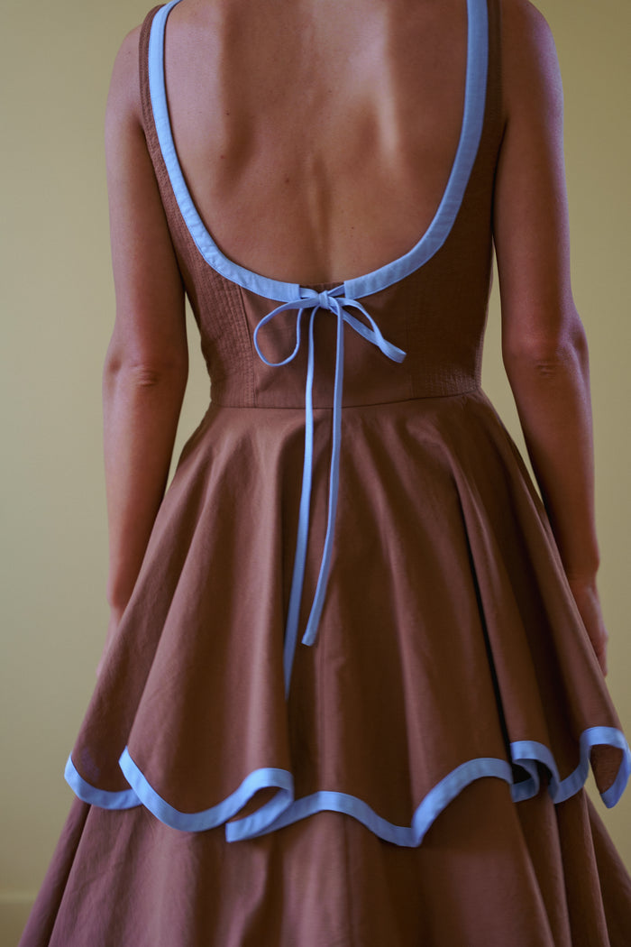 The Millie Dress in Saddle Brown and Sky Blue