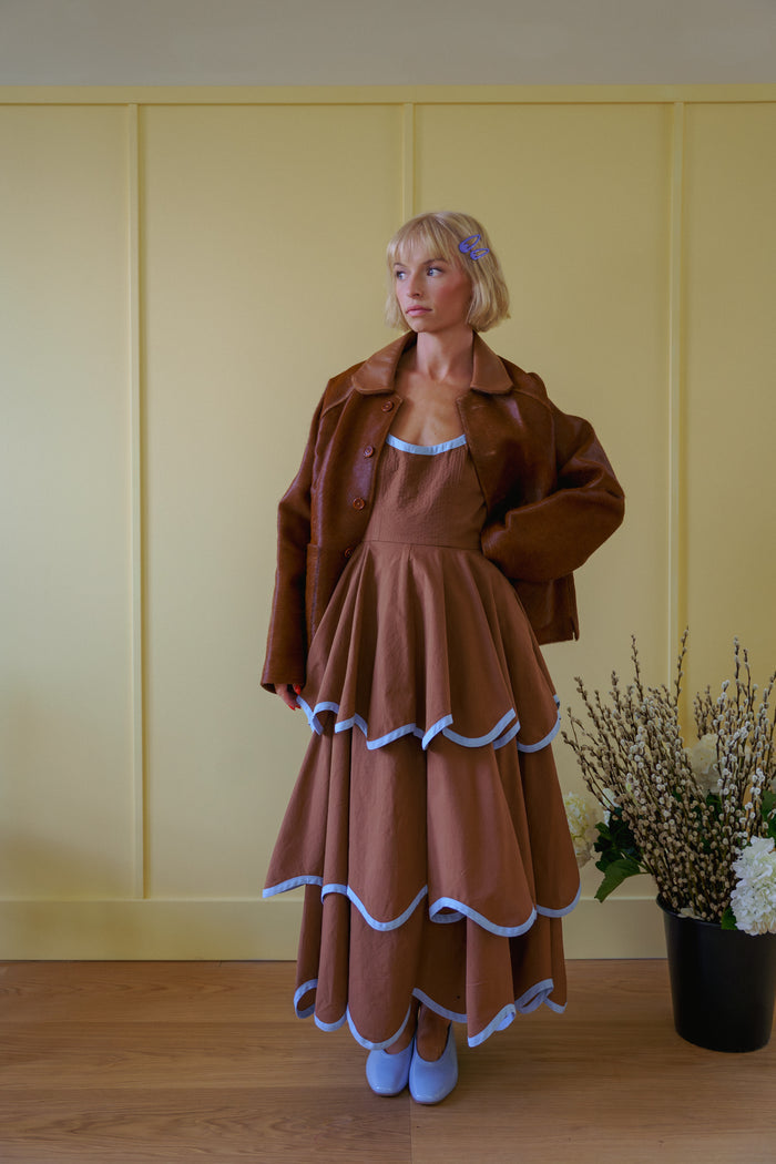 The Millie Dress in Saddle Brown and Sky Blue
