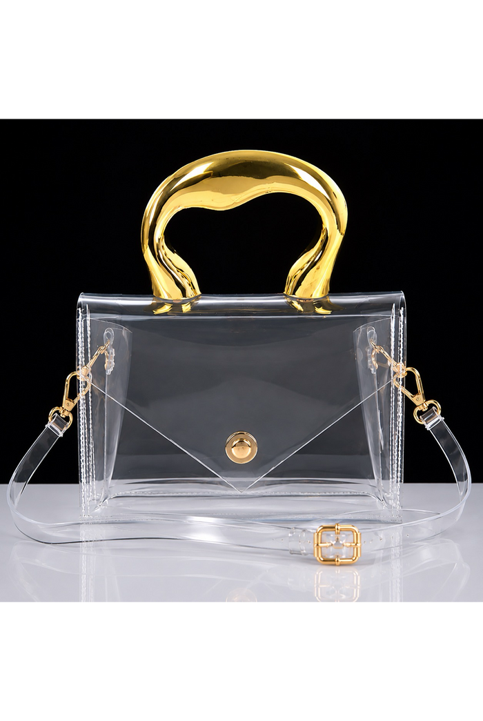 Tori - Clear Clutch Bag: Asymmetrical Gold Handle Transparent Mini Purse