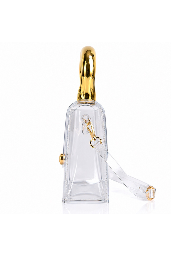 Tori - Clear Clutch Bag: Asymmetrical Gold Handle Transparent Mini Purse