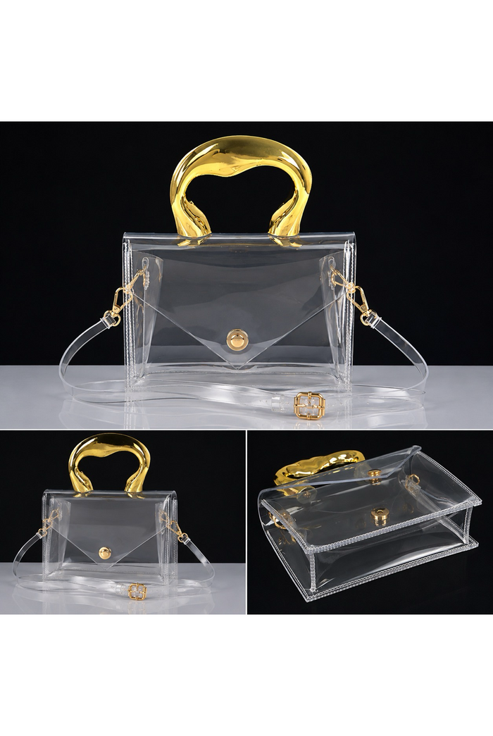 Tori - Clear Clutch Bag: Asymmetrical Gold Handle Transparent Mini Purse