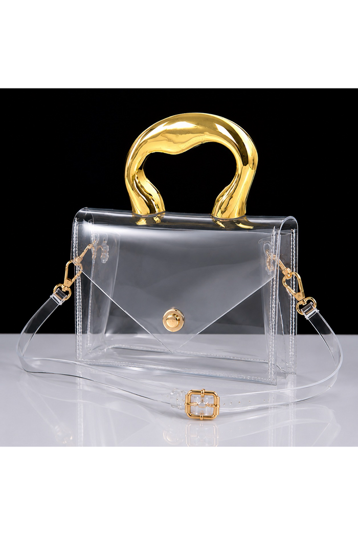 Tori - Clear Clutch Bag: Asymmetrical Gold Handle Transparent Mini Purse