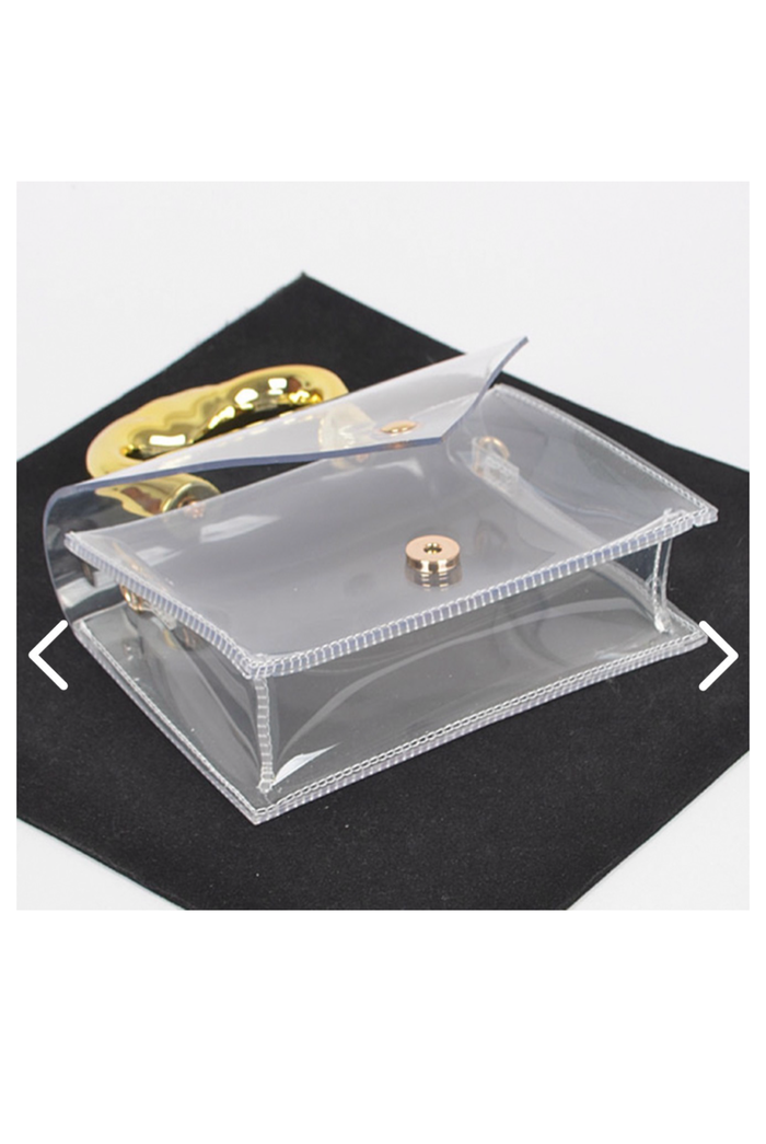 Tori - Clear Clutch Bag: Asymmetrical Gold Handle Transparent Mini Purse