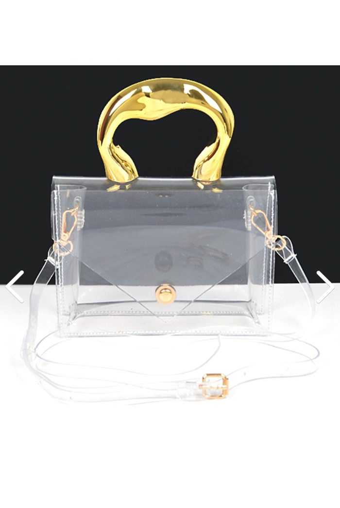 Tori - Clear Clutch Bag: Asymmetrical Gold Handle Transparent Mini Purse