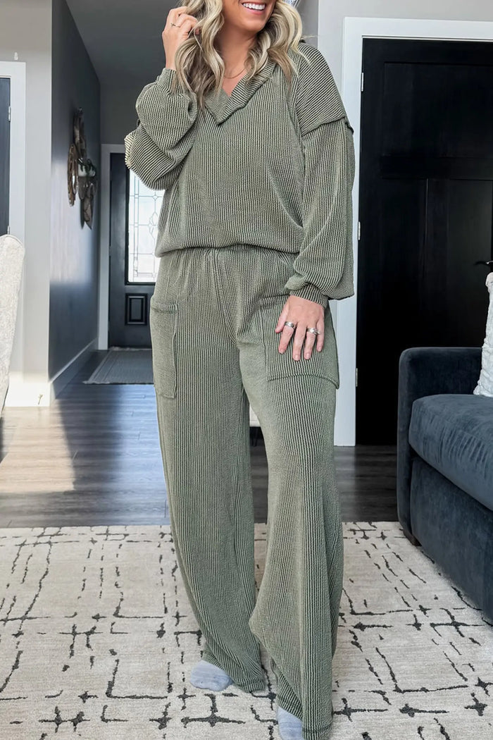 Twisted Ribbed Exposed Seam Detail V Neck Pullover Plus Size Pant Set – Four Leaf Clover