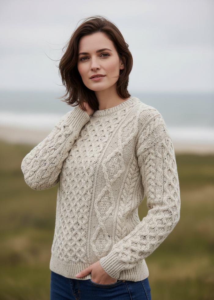 Unisex Aran Wool Sweater - Traditional Irish Knit | Flecked Cream
