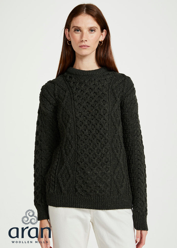 Unisex Aran Worsted Wool Sweater - Traditional Irish Cable Knit | Army Green
