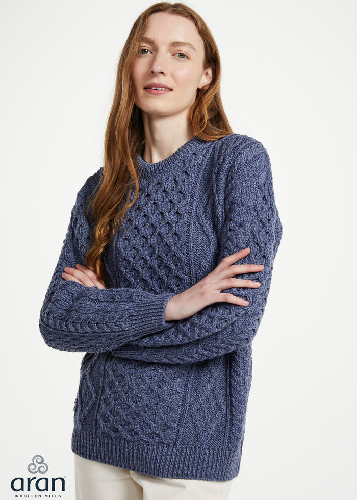 Unisex Aran Worsted Wool Sweater - Traditional Irish Knitwear | Denim
