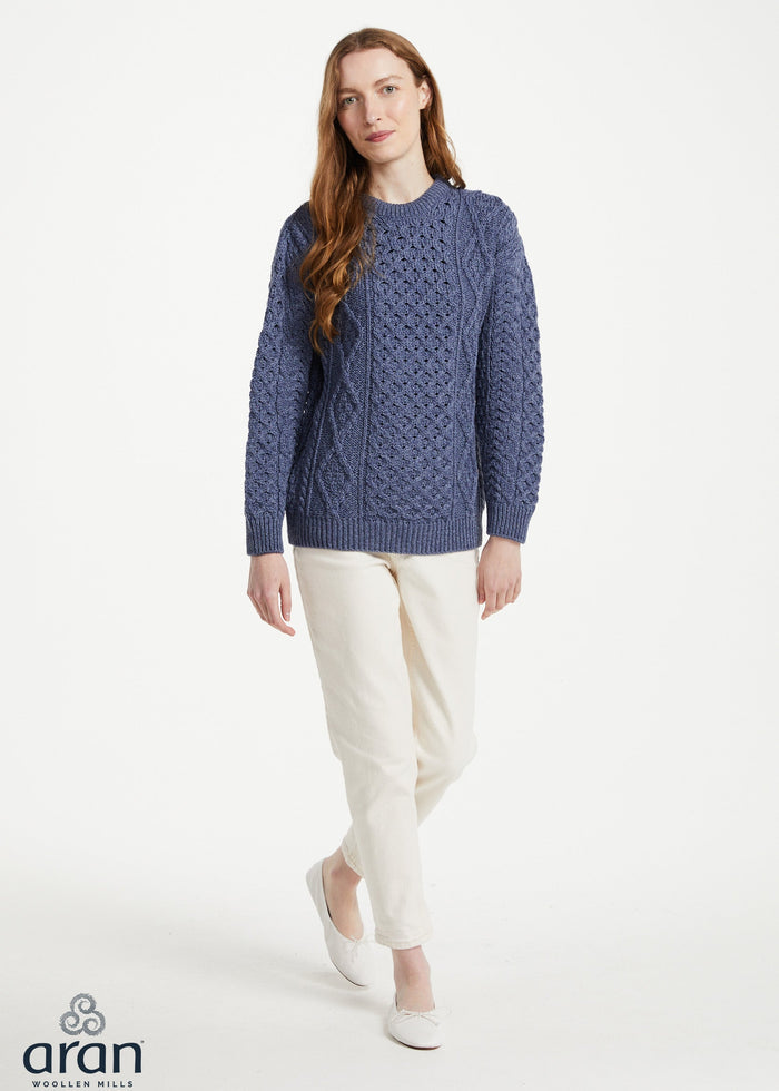 Unisex Aran Worsted Wool Sweater - Traditional Irish Knitwear | Denim