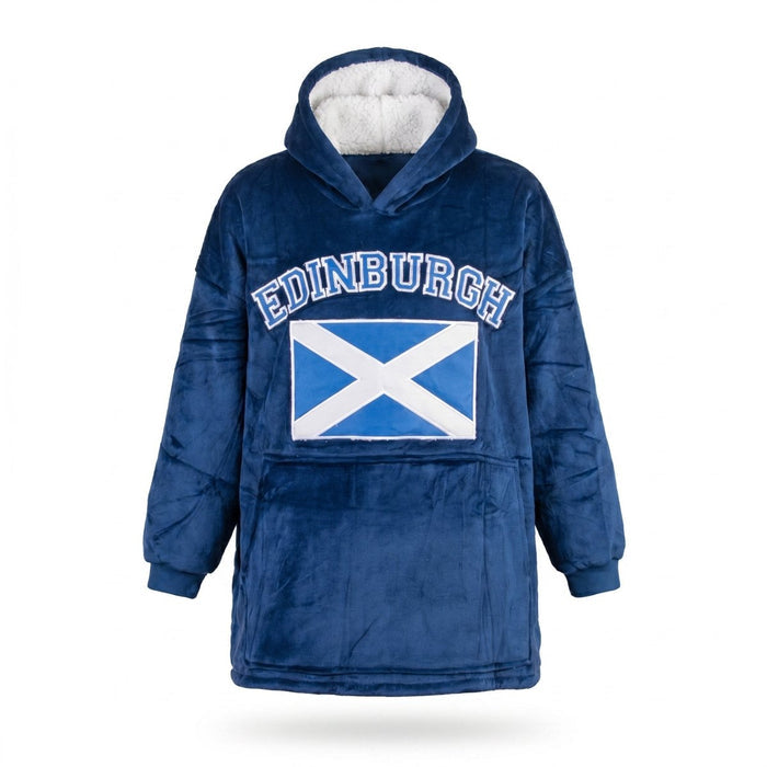 Unisex Edinburgh Saltire Hoodie Blanket – Navy Oversized Fleece - Heritage Of Scotland -