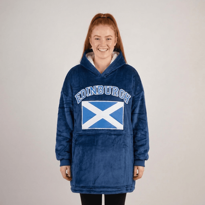 Unisex Edinburgh Saltire Hoodie Blanket – Navy Oversized Fleece - Heritage Of Scotland -