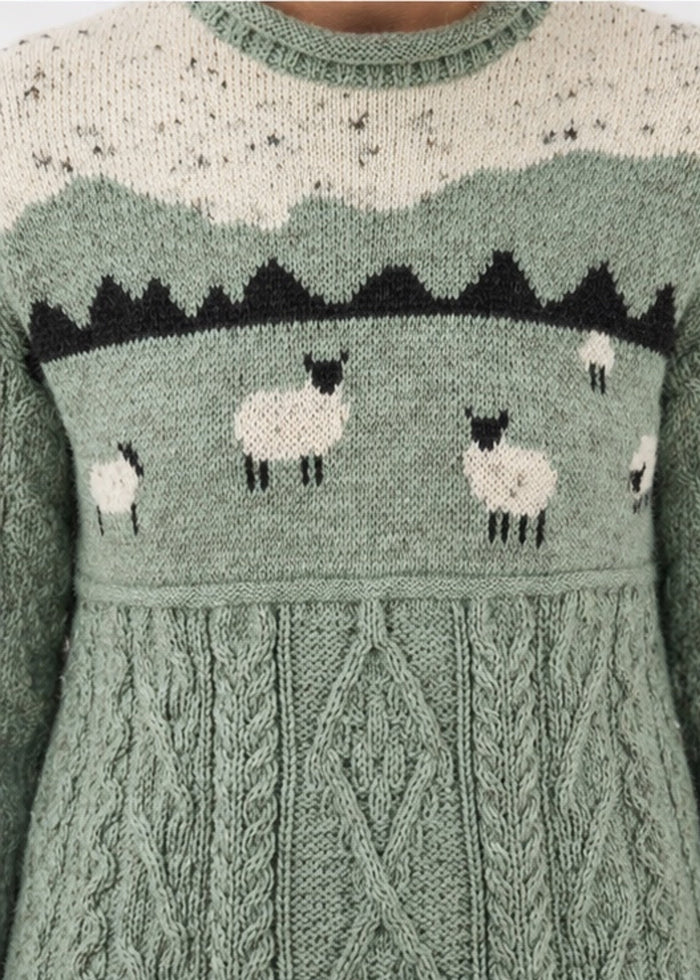 Unisex Pure Wool Sheep Aran Sweater | Sage Green