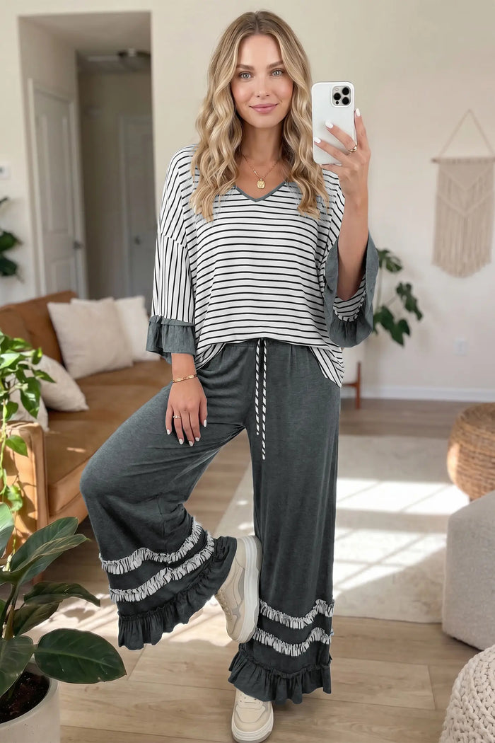 V Neck Ruffle Contrast Sleeve Top Drawstring Pants 2pcs Set – Gray Stripe