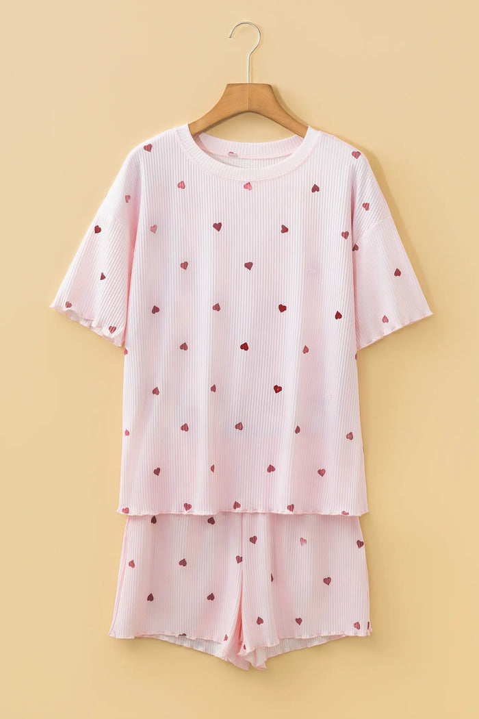 Valentine Heart Shape Print Ribbed Knit Short Lounge Set – Light Pink