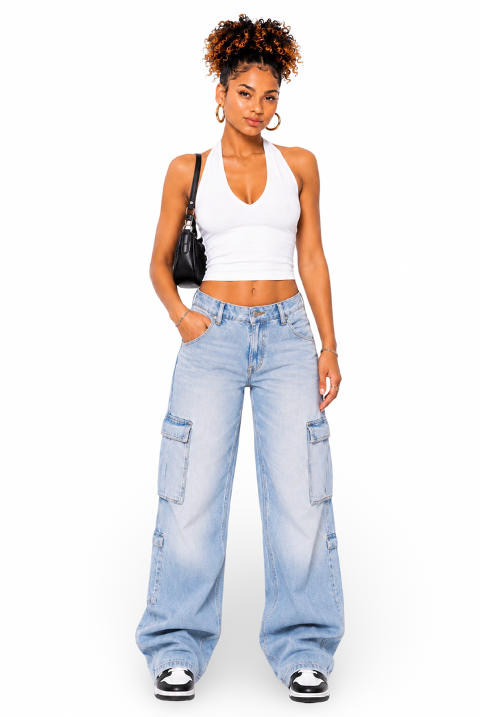 Vi Vi - Women's Front V Cut Micro Ribbed Stretch Halter Neck Crop Top
