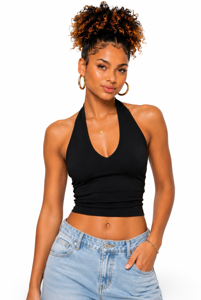 Vi Vi - Women's Front V Cut Micro Ribbed Stretch Halter Neck Crop Top