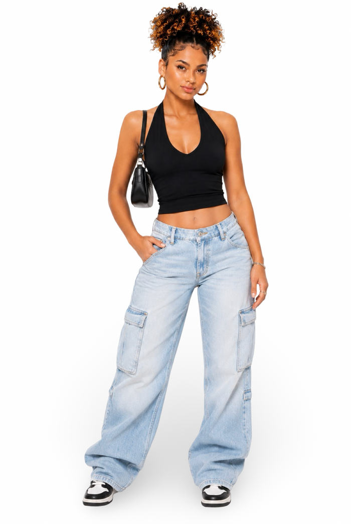 Vi Vi - Women's Front V Cut Micro Ribbed Stretch Halter Neck Crop Top