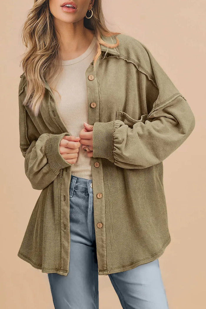 Waffle Knit Patchwork Buttoned Oversized Shacket – Moss Green