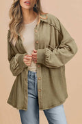 Waffle Knit Patchwork Buttoned Oversized Shacket – Moss Green