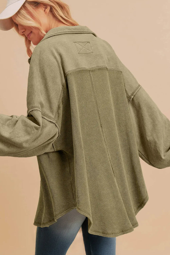 Waffle Knit Patchwork Buttoned Oversized Shacket – Moss Green